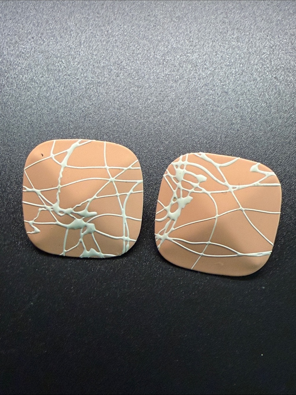❤️‍🔥 Peach Statement Square Stud Earrings with White Abstract Detail